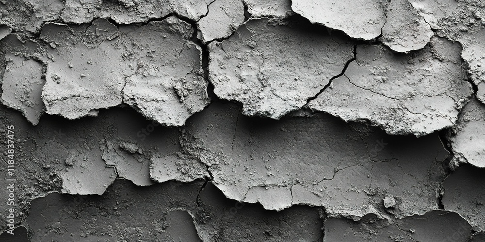 Poster cracked gray surface revealing texture and layers of worn material in a close-up view of deteriorati