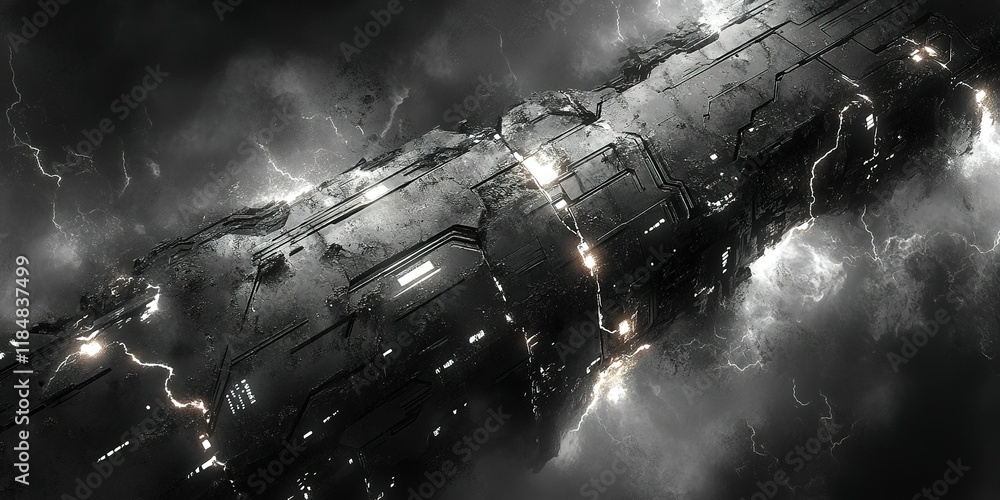 Poster intricate spaceship design surrounded by stormy clouds and lightning in a futuristic atmosphere