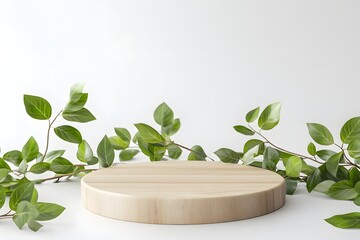 Wooden display platform with leaves, studio backdrop