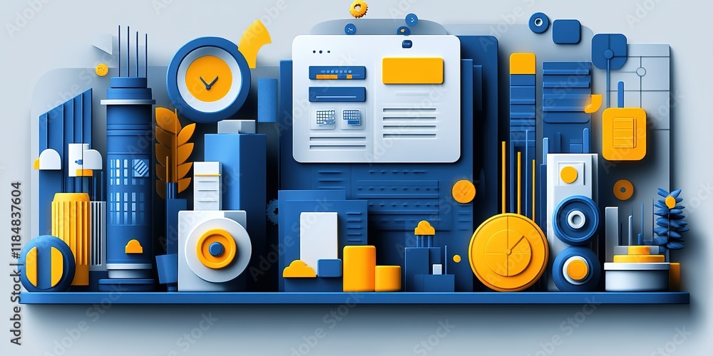 Poster colorful abstract design with clock, various shapes, and technology elements on a digital platform i