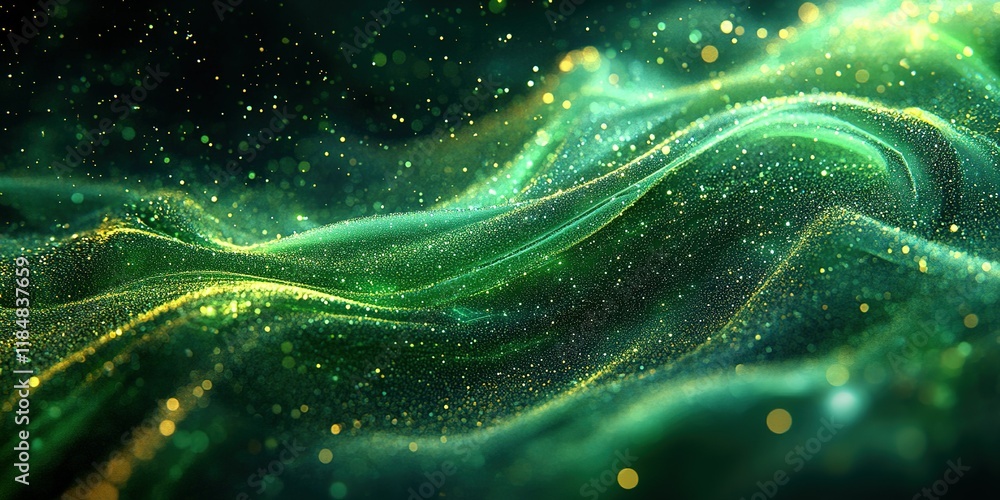 Poster vibrant green waves illuminated by sparkling particles create a mesmerizing abstract display in a fa