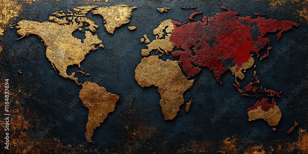 Poster world map design with golden and red textures showcasing geographic regions on a dark backdrop