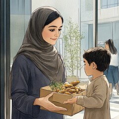 Mother giving food to child. Sharing, care, and generosity concept.
