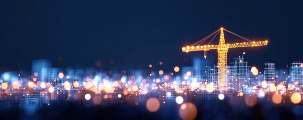 Construction progress at night crane in urban landscape city development illuminated skyline aerial view