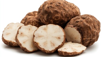 Close-up of Fresh Chinese Yam Slices on White Background