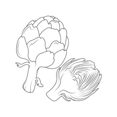 Black and white line art of a whole artichoke and a sliced half. Minimalist botanical illustration perfect for coloring books, culinary designs, or educational materials.