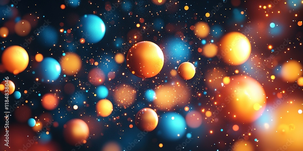 Poster colorful abstract spheres floating in a cosmic background filled with light particles and vibrant co