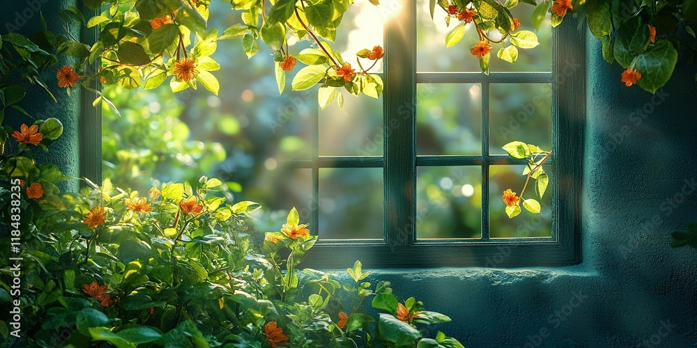 Poster sunlight filters through a vibrant window surrounded by lush greenery and colorful flowers in a sere