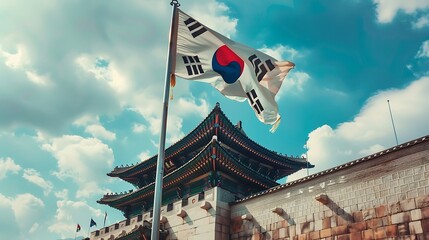 Korean flag on the roof of a temple in Seoul, South Korea