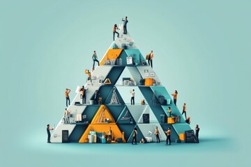 Business people building a large pyramid symbolizing hierarchy and teamwork