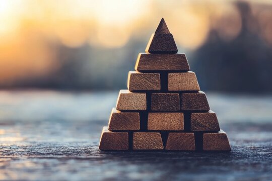 Wooden blocks forming a pyramid at sunset, symbolizing business growth