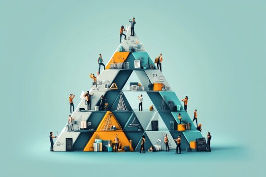 Business people building a large pyramid symbolizing hierarchy and teamwork