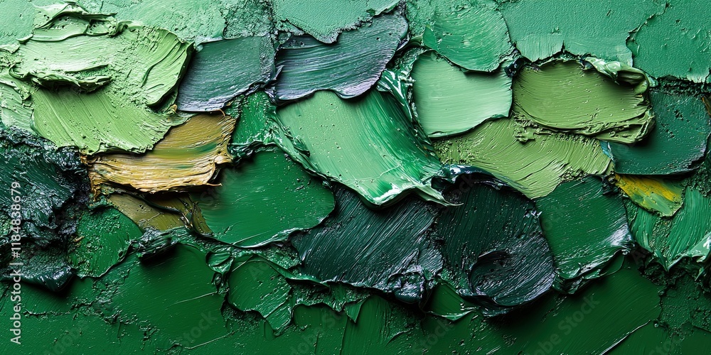 Poster various shades of green paint layered thickly create an abstract texture on canvas with dynamic brus