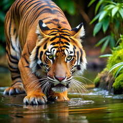 Fototapeta premium Intense tiger stalking in the water.