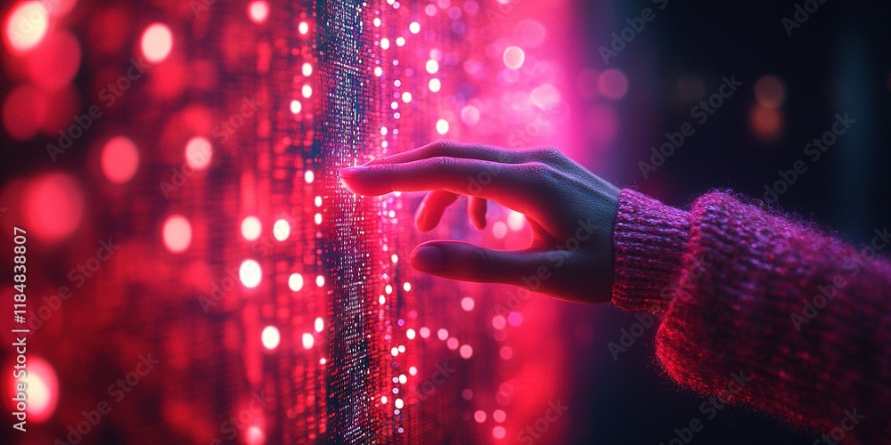 Poster interaction with a vibrant light display at night in an urban environment