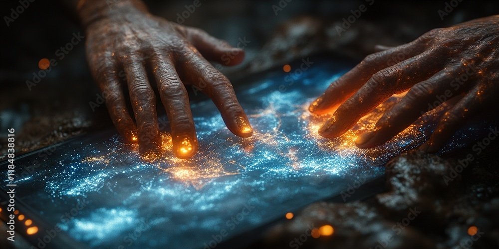 Poster hands interacting with a glowing digital map, showcasing detailed features in a futuristic setting