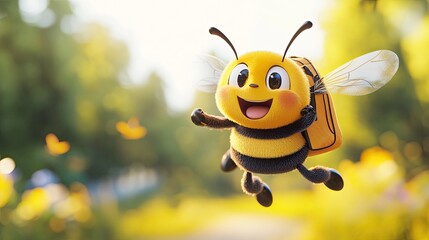 A 3D cartoon bumblebee character with a backpack, flying joyfully to represent adventure and travel, with a cheerful yellow background.bee, cartoon, insect, honey, animal, illustration, vector, nature