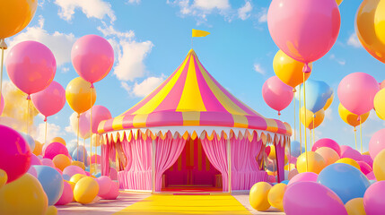 A whimsical pink and yellow carnival tent in a vibrant, colorful setting filled with balloons. Dewlight. Illustration