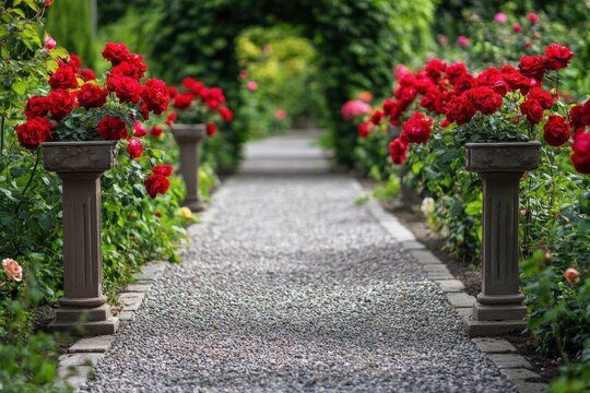 Romantic gravel path with red roses leading to green arch in a garden
