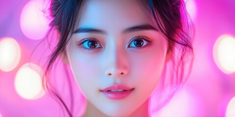 Fototapeta premium Young woman with radiant skin poses in front of colorful bokeh lights at an evening event