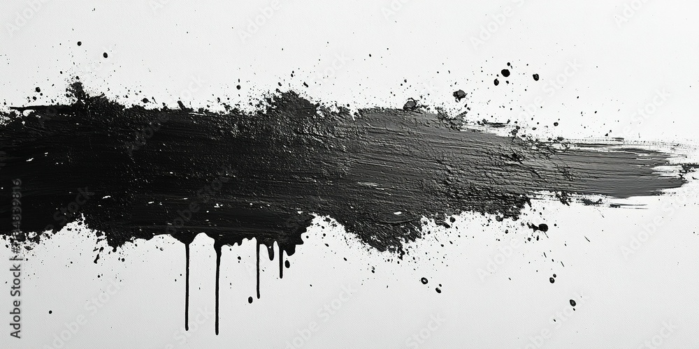 Poster Abstract black paint splash on a white canvas with textured patterns and drips creating a striking visual effect