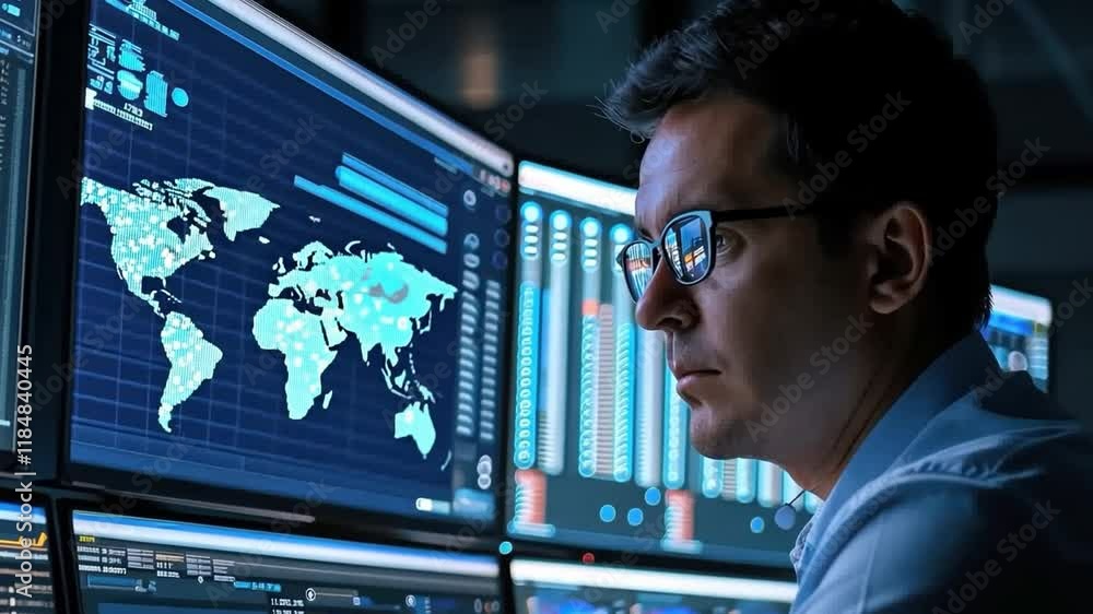 Poster focused analyst monitoring data on screens.