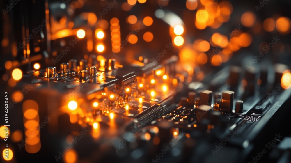 Poster close up view of a glowing electronic circuit board with multiple orange lights, highlighting intric