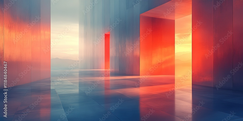 Aufkleber modern architecture features vibrant orange and blue reflections in a spacious abstract setting at s