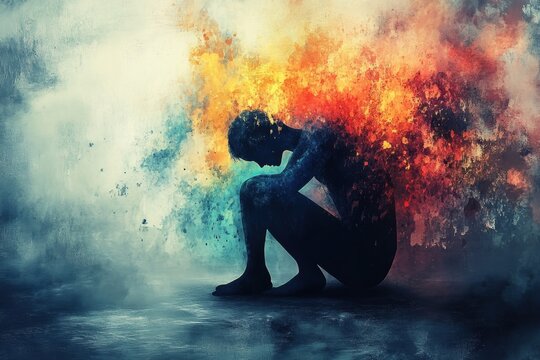 Lonely man suffering from depression sitting on the floor