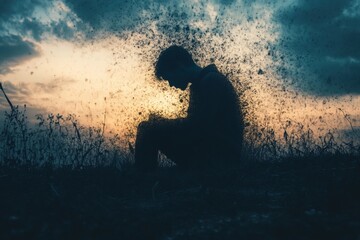 Young man dissolving into dust at sunset feeling sad and lonely