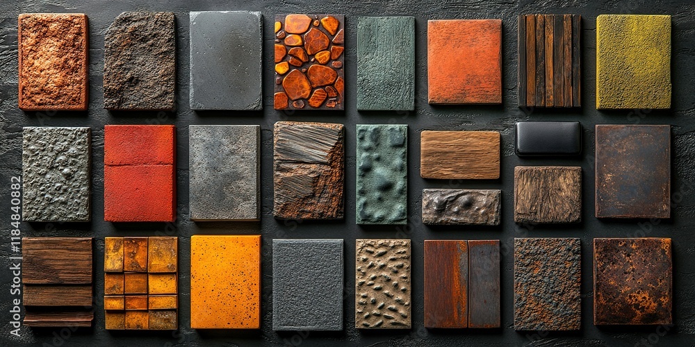 Poster various textured surface samples displayed in a grid pattern for interior design inspiration in a st