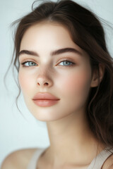 Naklejka premium Beauty portrait of a beautiful woman with natural minimalistic makeup on white background