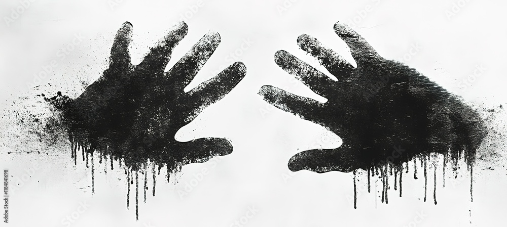 Poster dark handprints create striking contrast on a clean surface with drips of paint showcasing artistic 