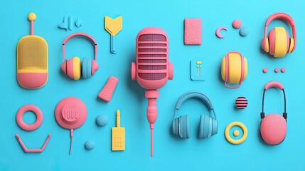 3D illustration of a podcast concept featuring microphone icons, headphones, and other relevant visuals. food, vector, icon, illustration, menu, restaurant, fork, symbol, kitchen, spoon, knife, lunch,