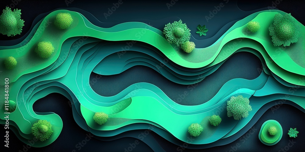 Poster abstract landscape design featuring flowing green layers and textured trees against a dark backgroun