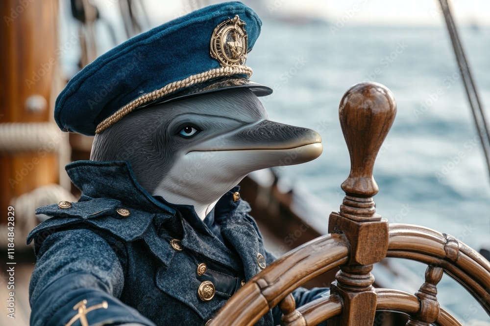 Poster Dolphin captain navigating the ocean with a ship wheel and dressed in nautical attire. Generative AI