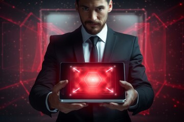 Businessman holding tablet showing futuristic hologram in server room