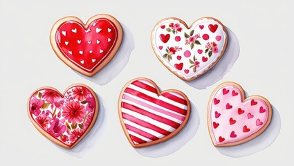 Fototapeta premium Five Delicious Valentine s Day Heart Shaped Cookies Red Pink Floral Striped Designs