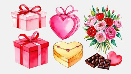 Watercolor Valentine s Day Gifts Heart Boxes Flowers Chocolates Presents