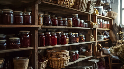 A charming rustic pantry showcases shelves filled with jam jars and woven baskets.