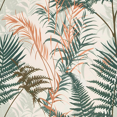 Seamless pattern of tropical leaves and ferns in soft colors