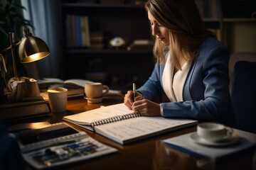 Focused businesswoman writing notes in notebook while working late at night in her office