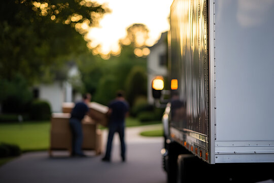Two movers are unloading boxes from a truck on a residential street during sunset.