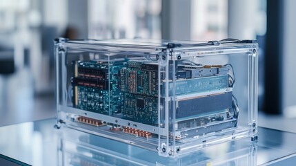Electronic device featuring visible circuit boards, processors, and chips inside a transparent case, resting on a glass table in a laboratory setting, highlighting advanced technology