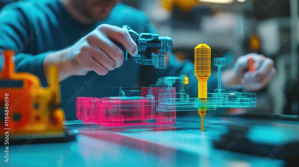 Poster automotive engineer uses augmented reality software to design and manipulate 3d models of car compon
