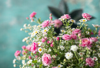 Fototapeta premium Flowers pink and white in a vase with green leaves and a butterfly resting on them featuring pink flowers, white flowers, nature