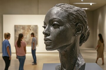 Museum visitors engage with a sculpture in an art exhibition space, appreciating the craftsmanship and form of the artwork