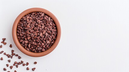 Fototapeta premium Adzuki beans in bowl, azuki beans, red beans, healthy food, raw beans, minimal, isolated, white background, copy space