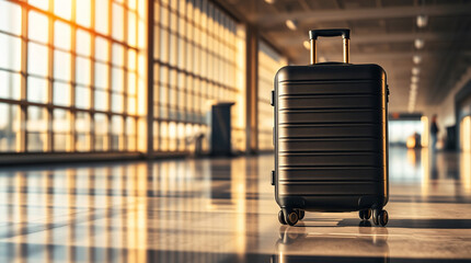 In the soft light of sunset, a lost black hardshell carry-on roller luggage sits abandoned at the baggage reclaim area of the airport, waiting for its owner