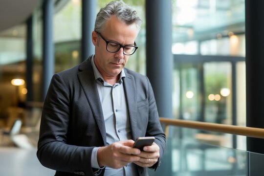 Businessman using smartphone in modern office building lobby